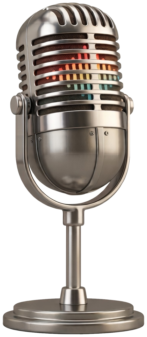 Micro de studio chromé des années 60, dont la grille laisse voir des barres de son colorées